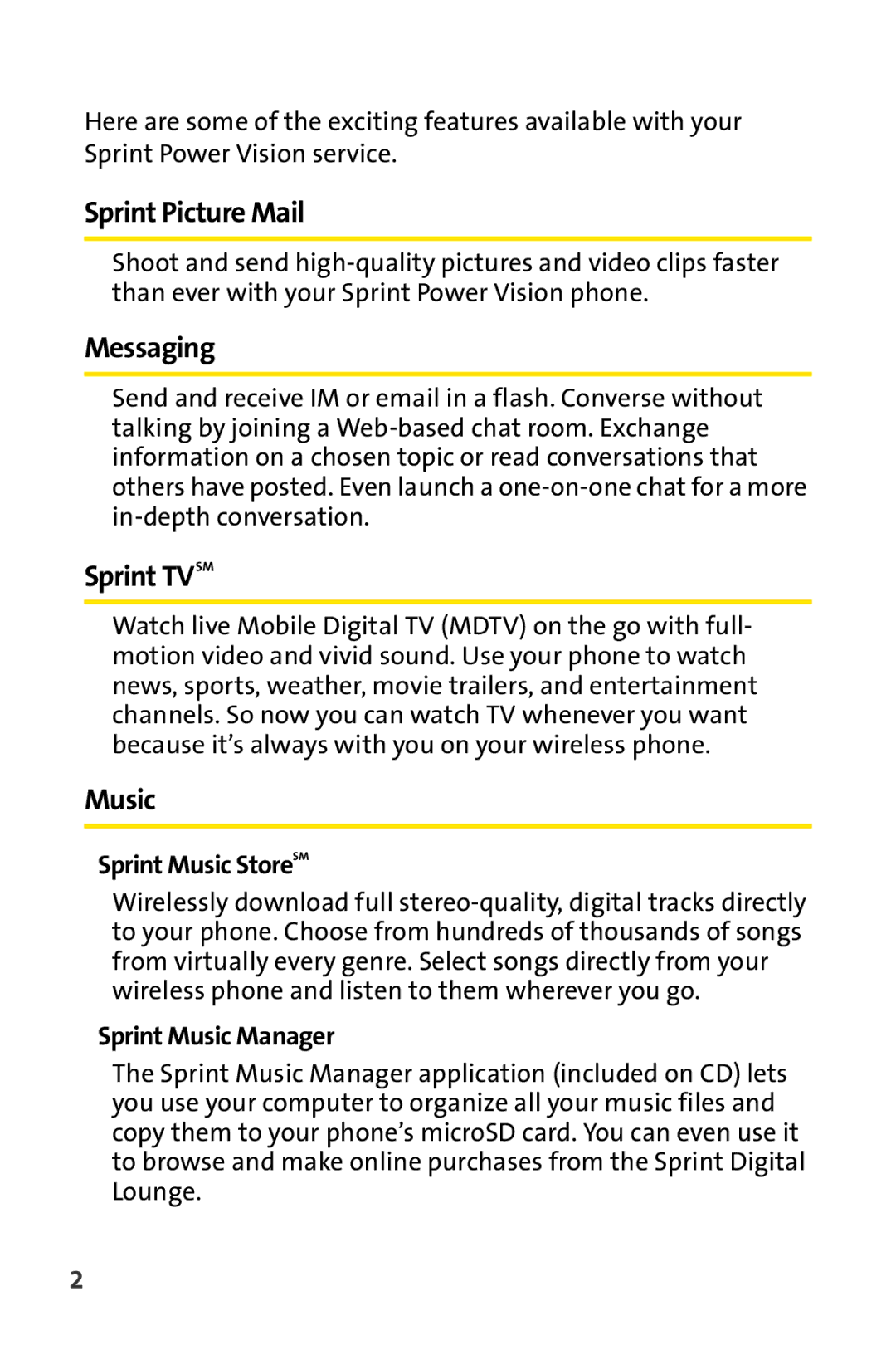 Sprint Nextel CRT Television manual Sprint Picture Mail, Messaging, Sprint Tvsm, Music 