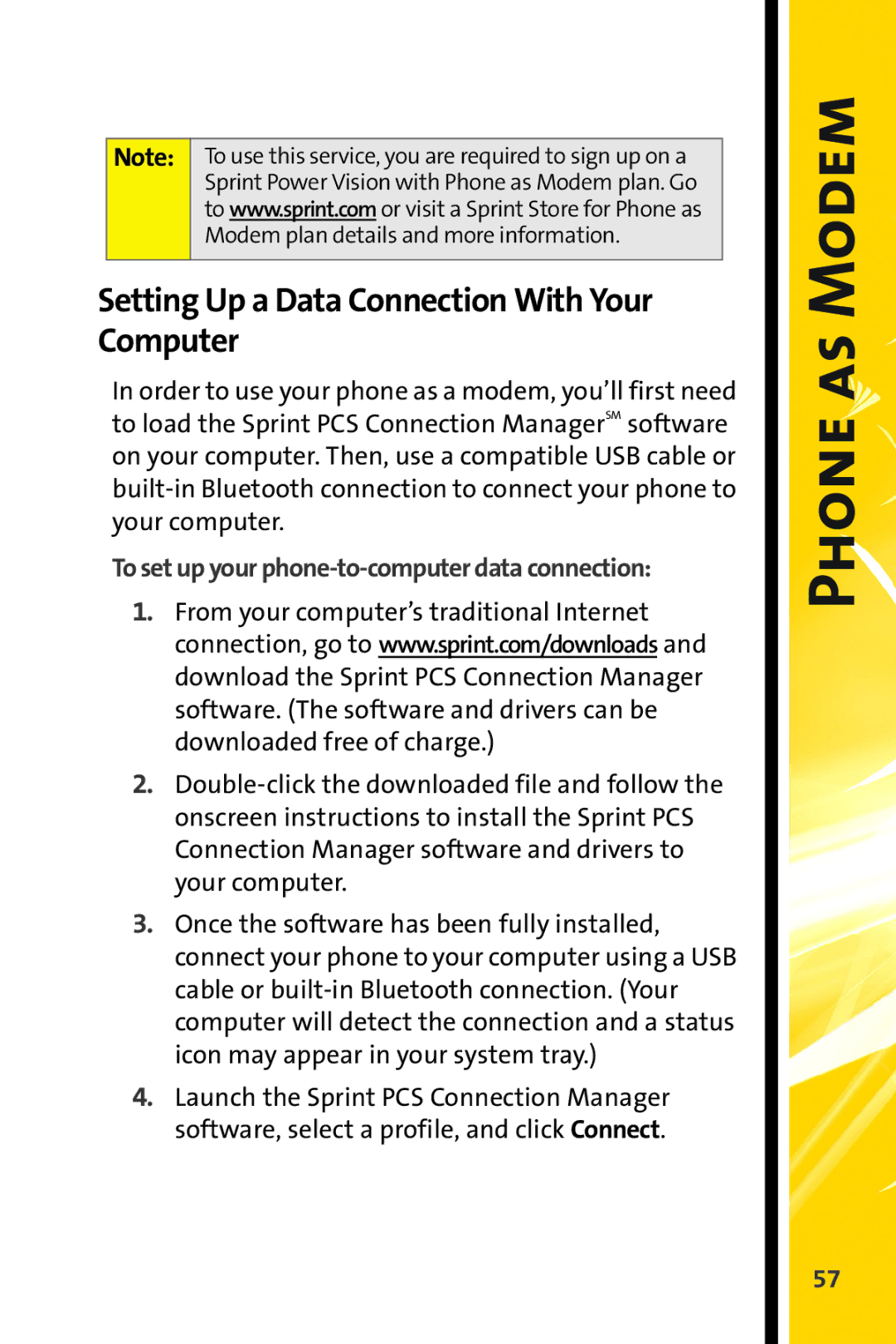 Sprint Nextel CRT Television manual Phone as Modem, Setting Up a Data Connection With Your Computer 