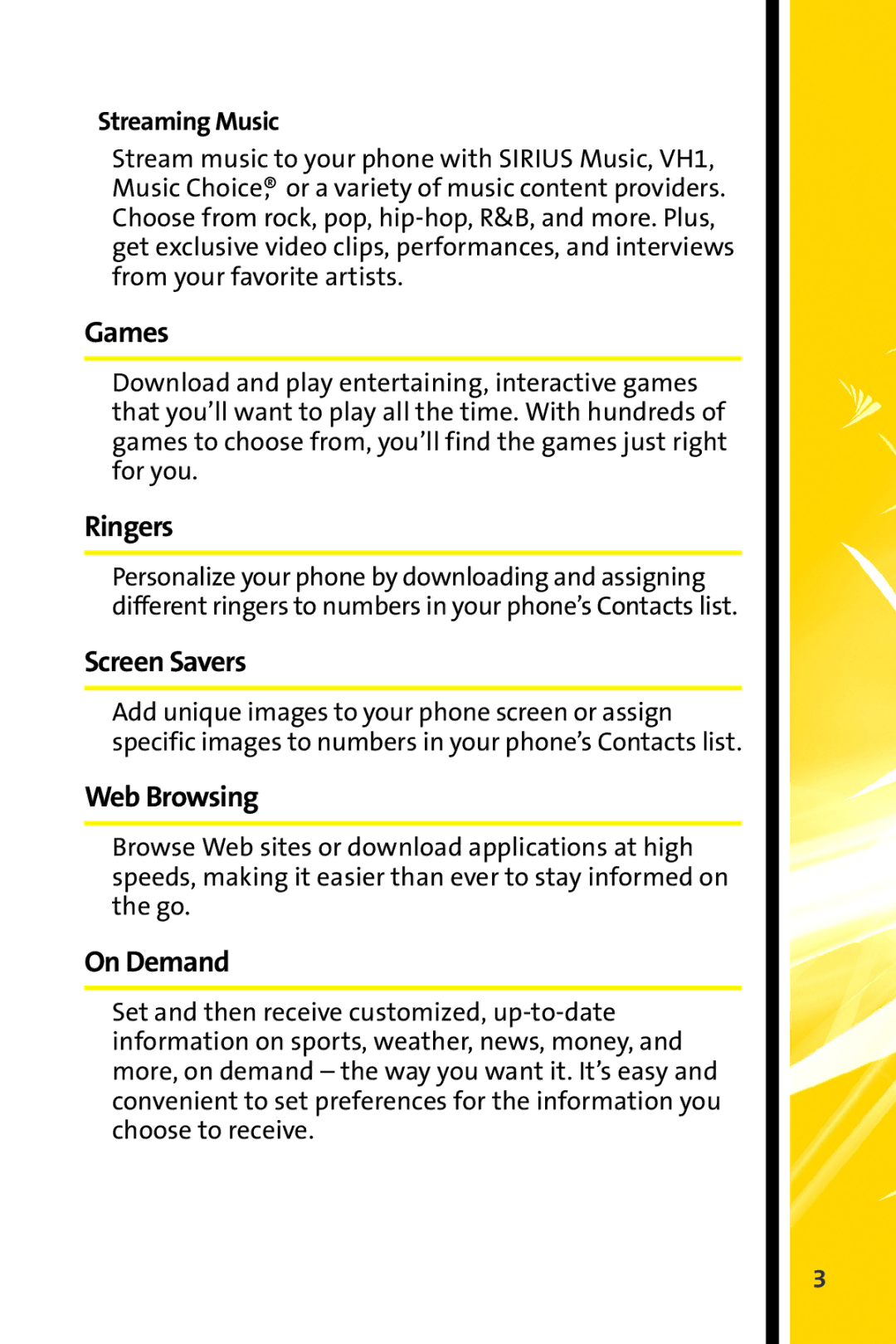 Sprint Nextel CRT Television manual Games, Ringers, Screen Savers, Web Browsing, On Demand 