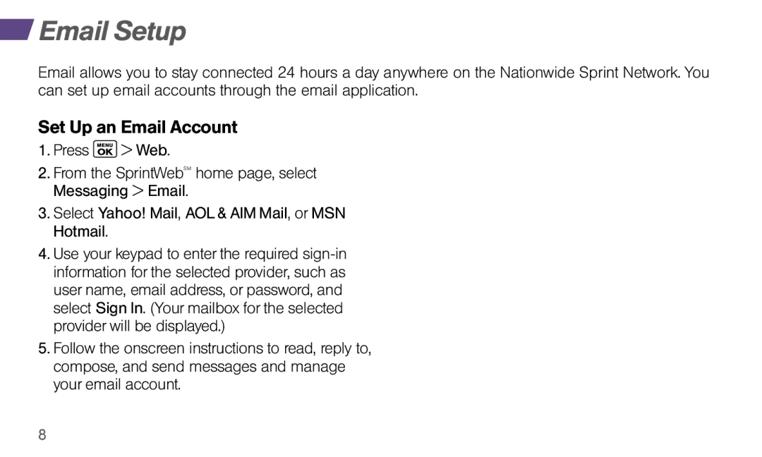 Sprint Nextel Dura XT manual Email Setup, Set Up an Email Account 