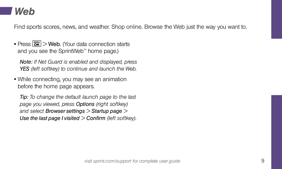 Sprint Nextel Dura XT manual YES left softkey to continue and launch the Web 