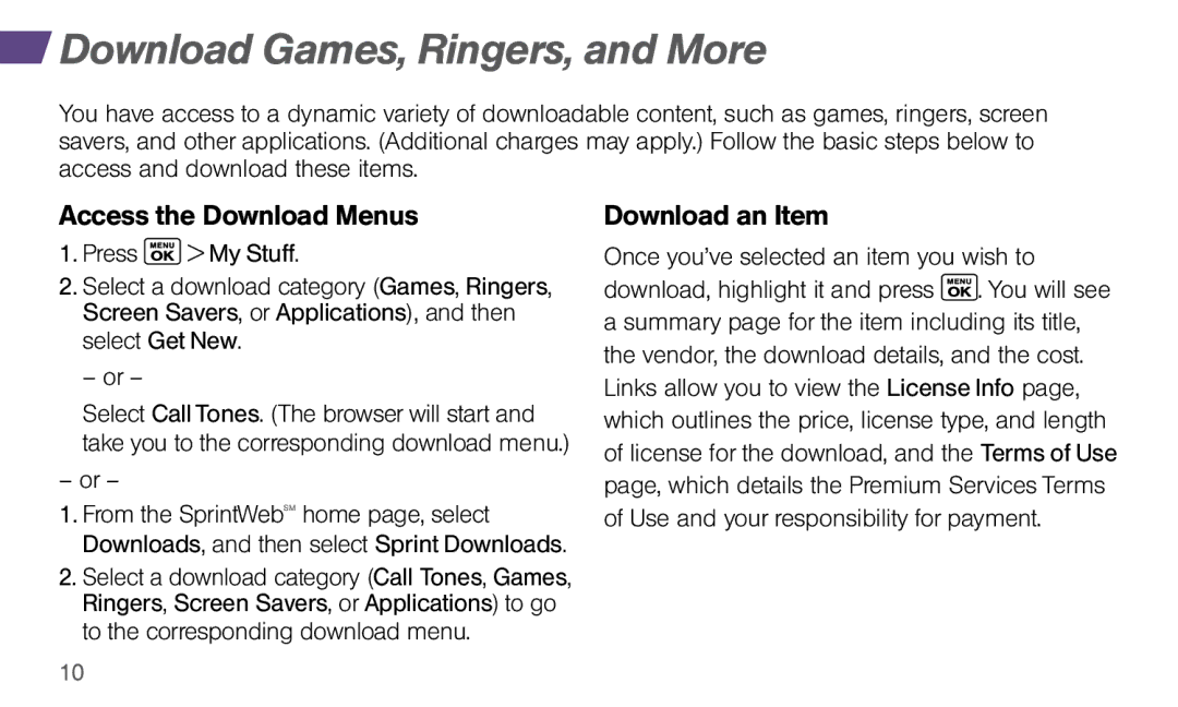 Sprint Nextel Dura XT manual Download Games, Ringers, and More, Access the Download Menus, Download an Item 