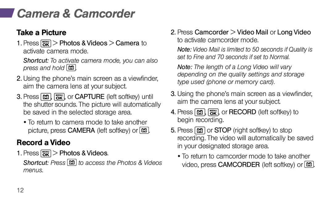 Sprint Nextel Dura XT manual Camera & Camcorder, Take a Picture, Record a Video 