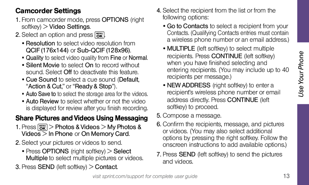 Sprint Nextel Dura XT manual Camcorder Settings, Share Pictures and Videos Using Messaging 