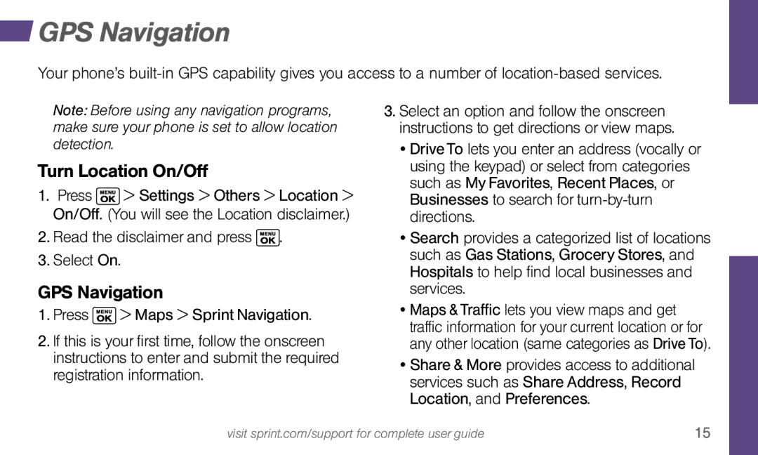 Sprint Nextel Dura XT manual GPS Navigation, Turn Location On/Off 