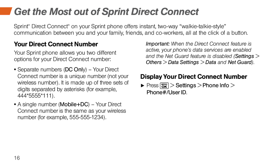 Sprint Nextel Dura XT manual Get the Most out of Sprint Direct Connect, Your Direct Connect Number 