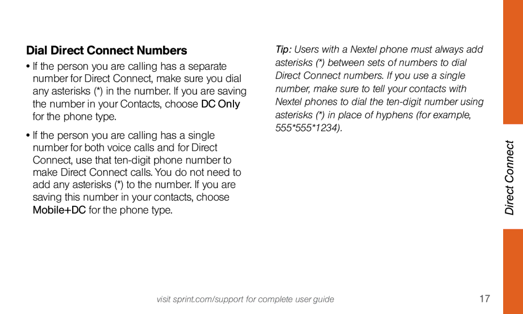 Sprint Nextel Dura XT manual Dial Direct Connect Numbers 