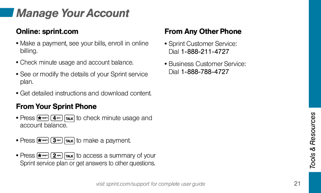 Sprint Nextel Dura XT manual Manage Your Account, Online sprint.com, From Your Sprint Phone, From Any Other Phone 