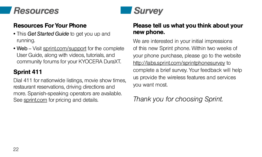 Sprint Nextel Dura XT manual Resources Survey, Resources For Your Phone 