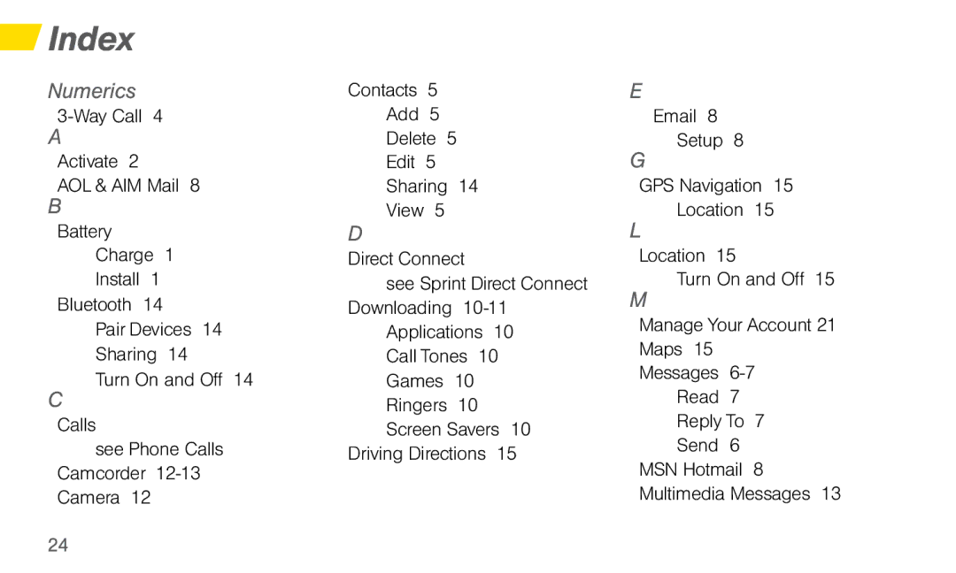 Sprint Nextel Dura XT manual Index, Numerics 