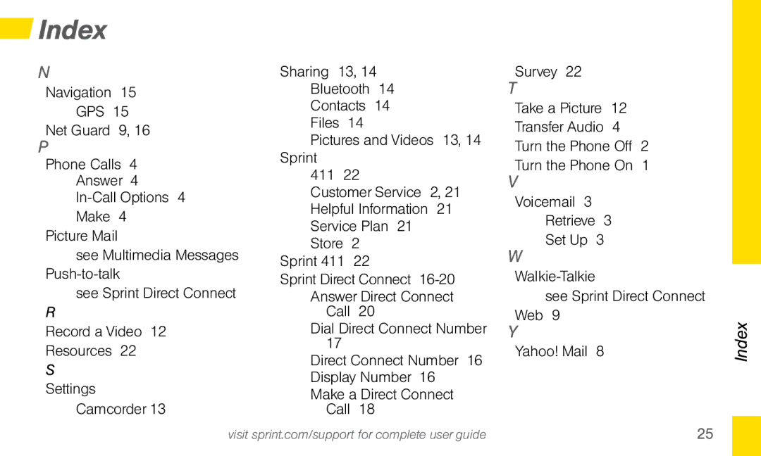 Sprint Nextel Dura XT manual Index 