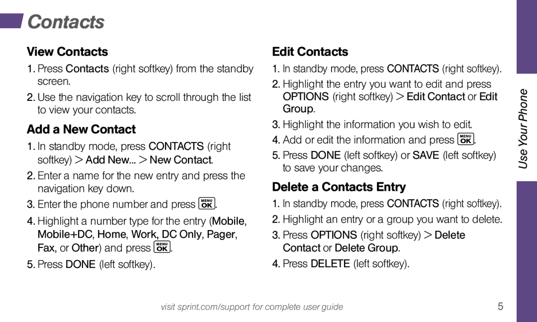 Sprint Nextel Dura XT manual View Contacts, Add a New Contact, Edit Contacts, Delete a Contacts Entry 