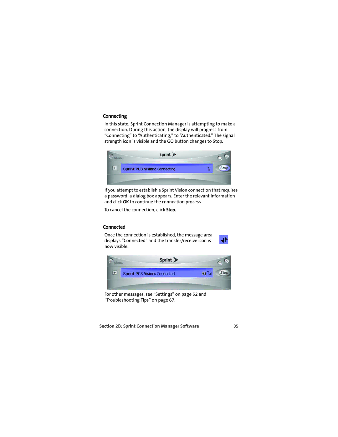 Sprint Nextel EX720 manual Connecting, Connected 