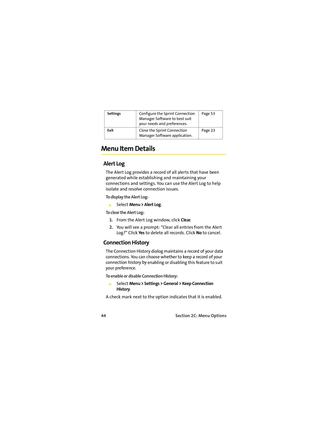 Sprint Nextel EX720 manual Menu Item Details, Alert Log, Connection History 