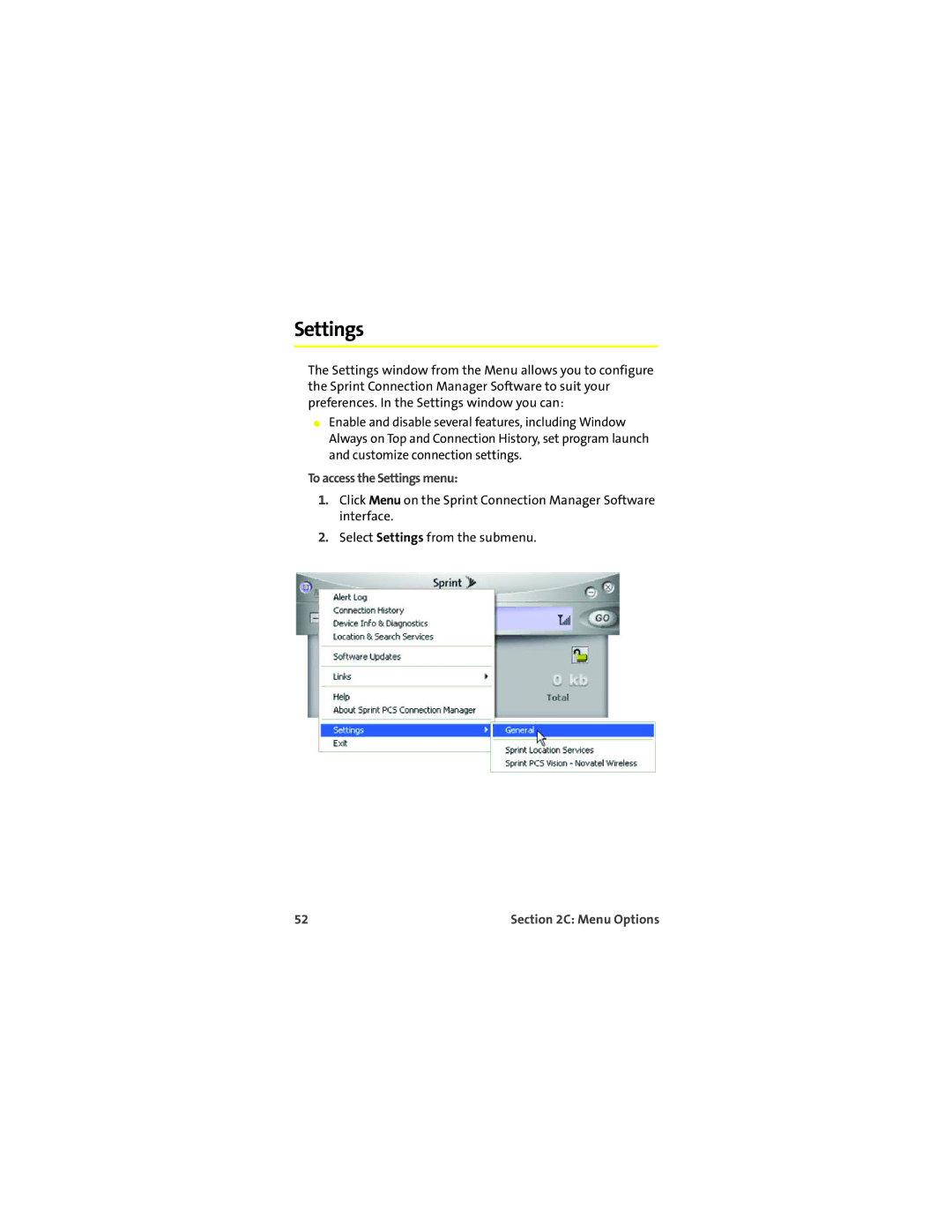 Sprint Nextel EX720 manual To access the Settings menu 