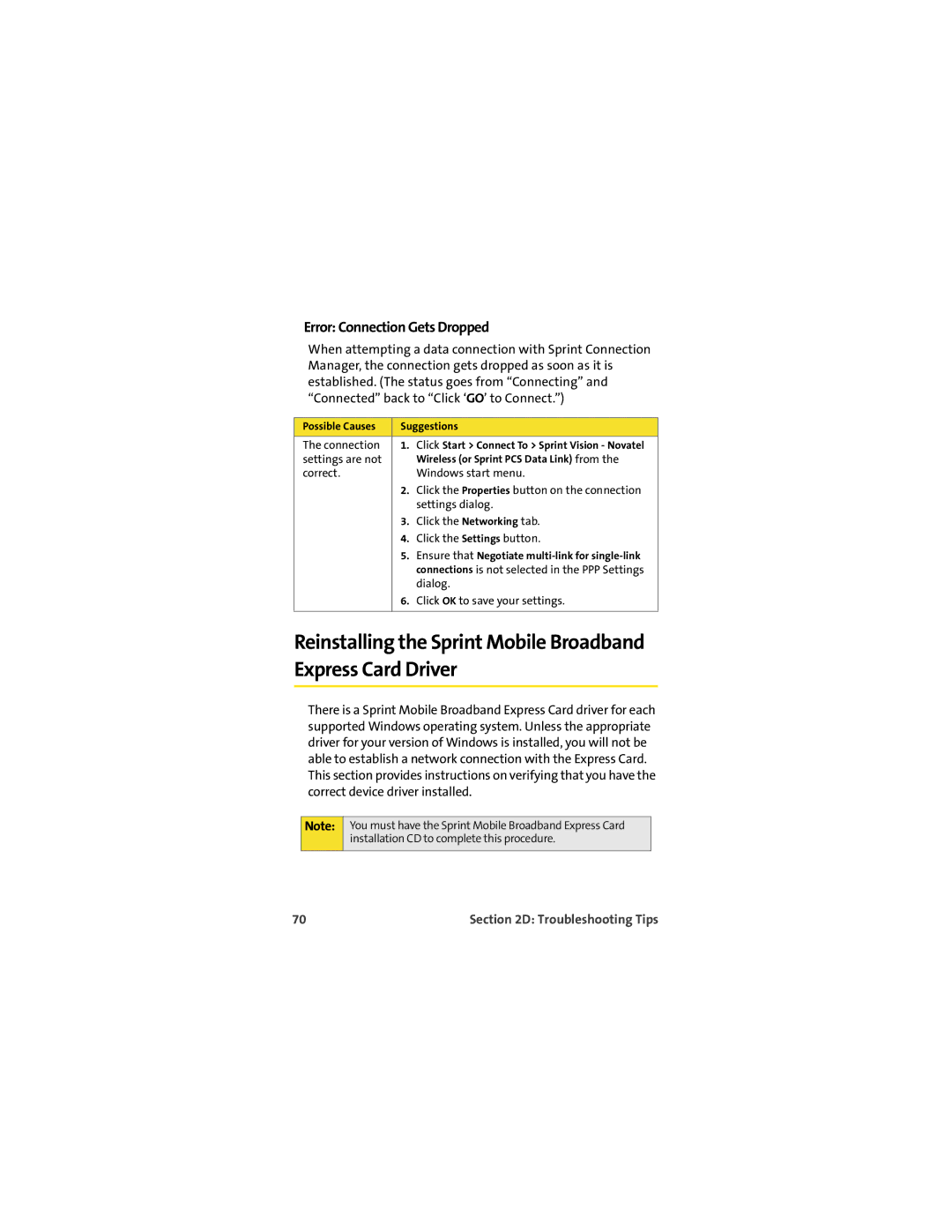 Sprint Nextel EX720 manual Reinstalling the Sprint Mobile Broadband Express Card Driver, Error Connection Gets Dropped 