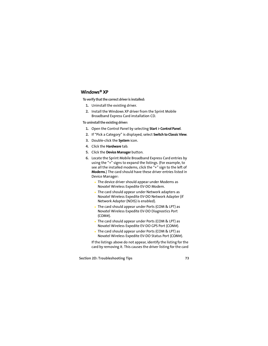 Sprint Nextel EX720 manual Windows XP, To uninstall the existing driver 