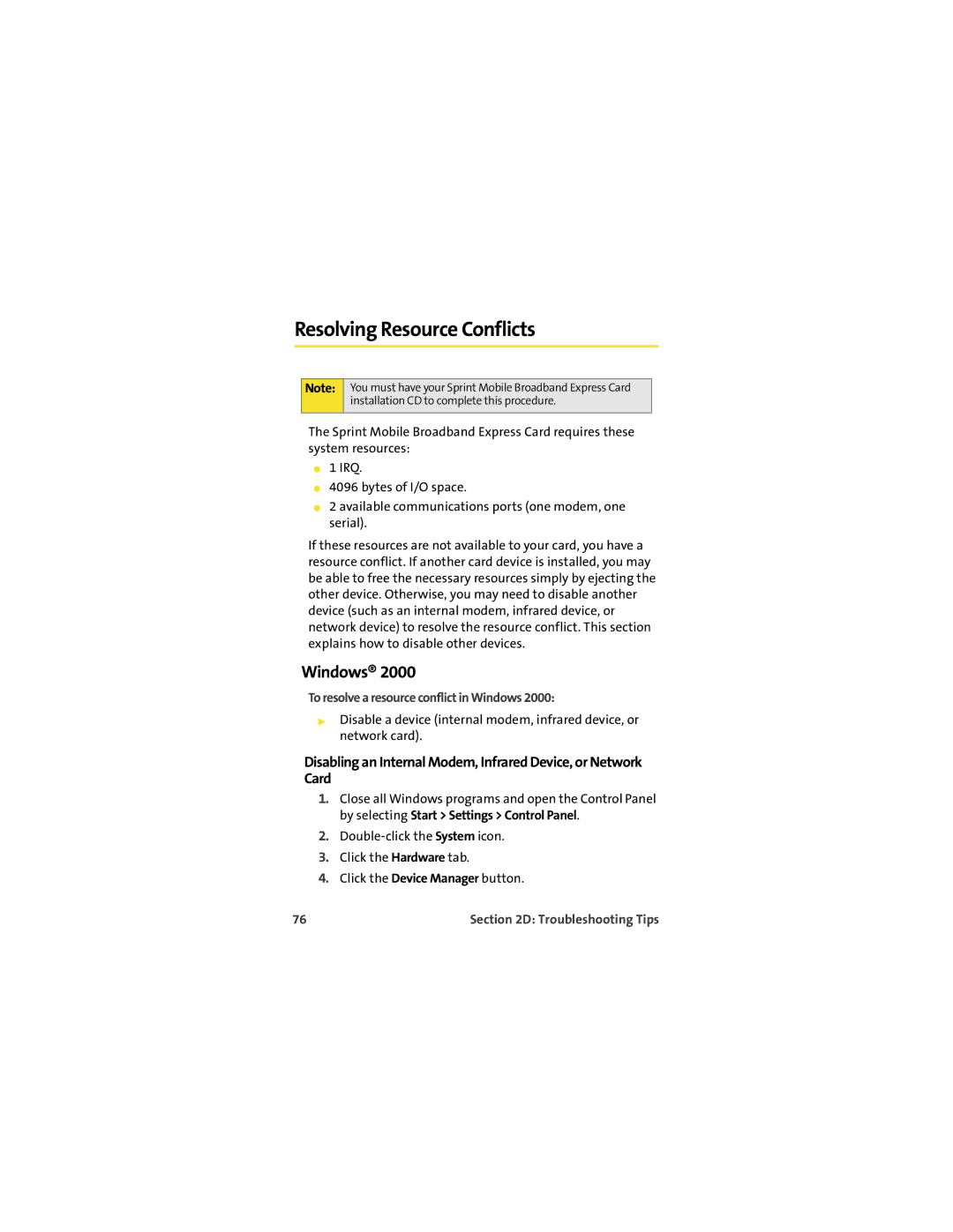 Sprint Nextel EX720 manual Resolving Resource Conflicts, To resolve a resource conflict in Windows 