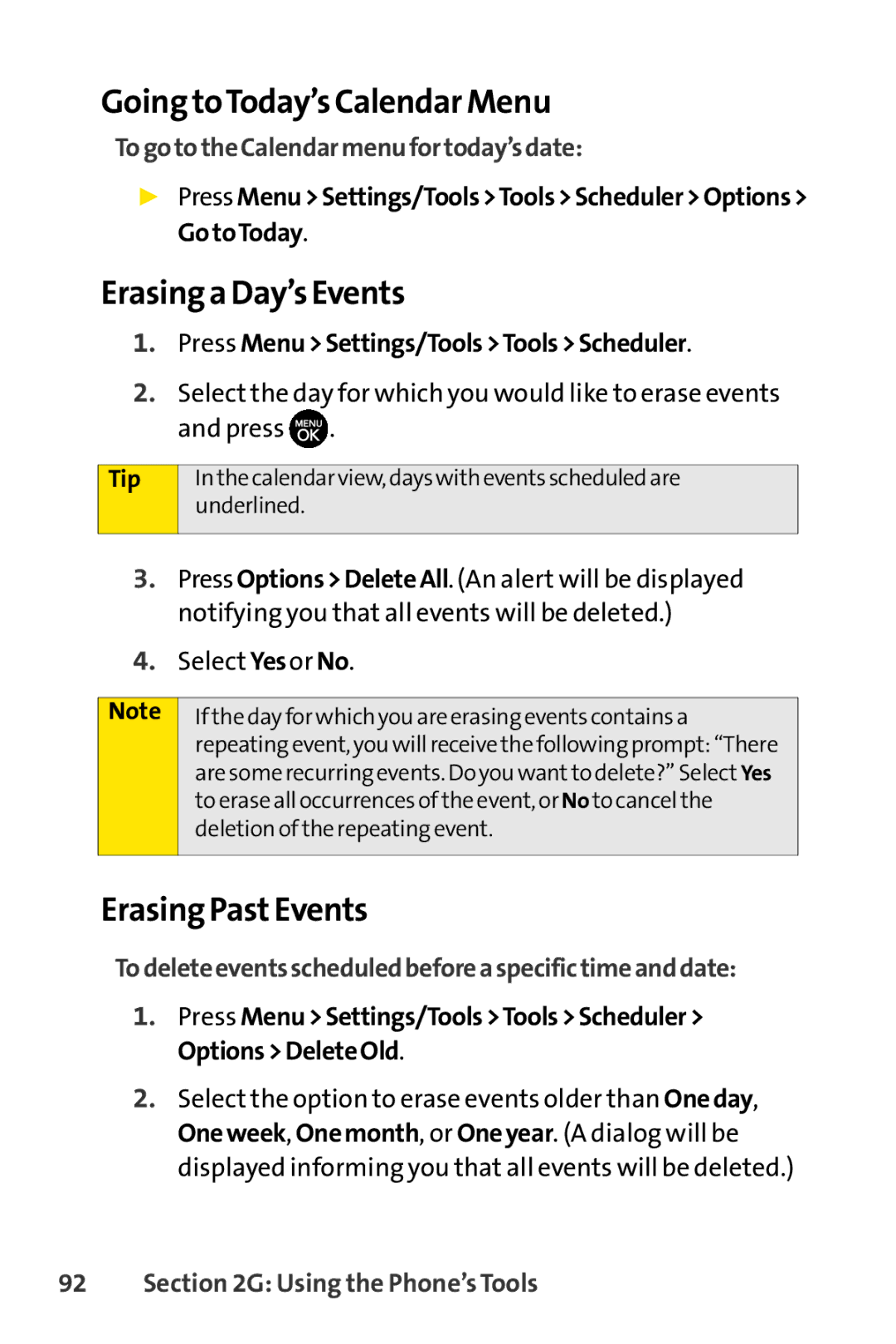 Sprint Nextel H 11/07 manual Going toToday’s Calendar Menu, Erasing a Day’s Events, Erasing PastEvents 