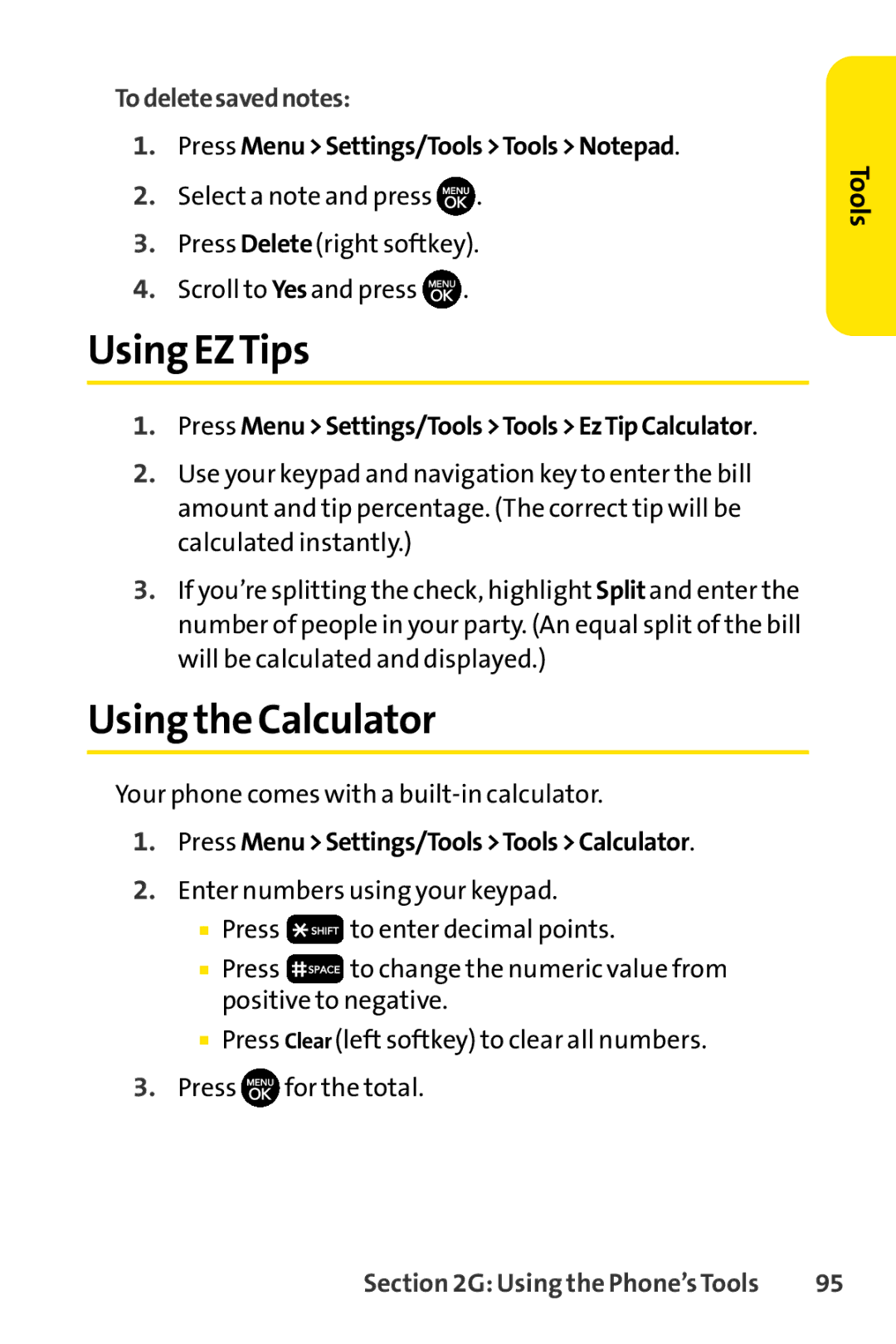 Sprint Nextel H 11/07 Using EZTips, Using the Calculator, Todeletesavednotes, Press MenuSettings/ToolsToolsEzTipCalculator 