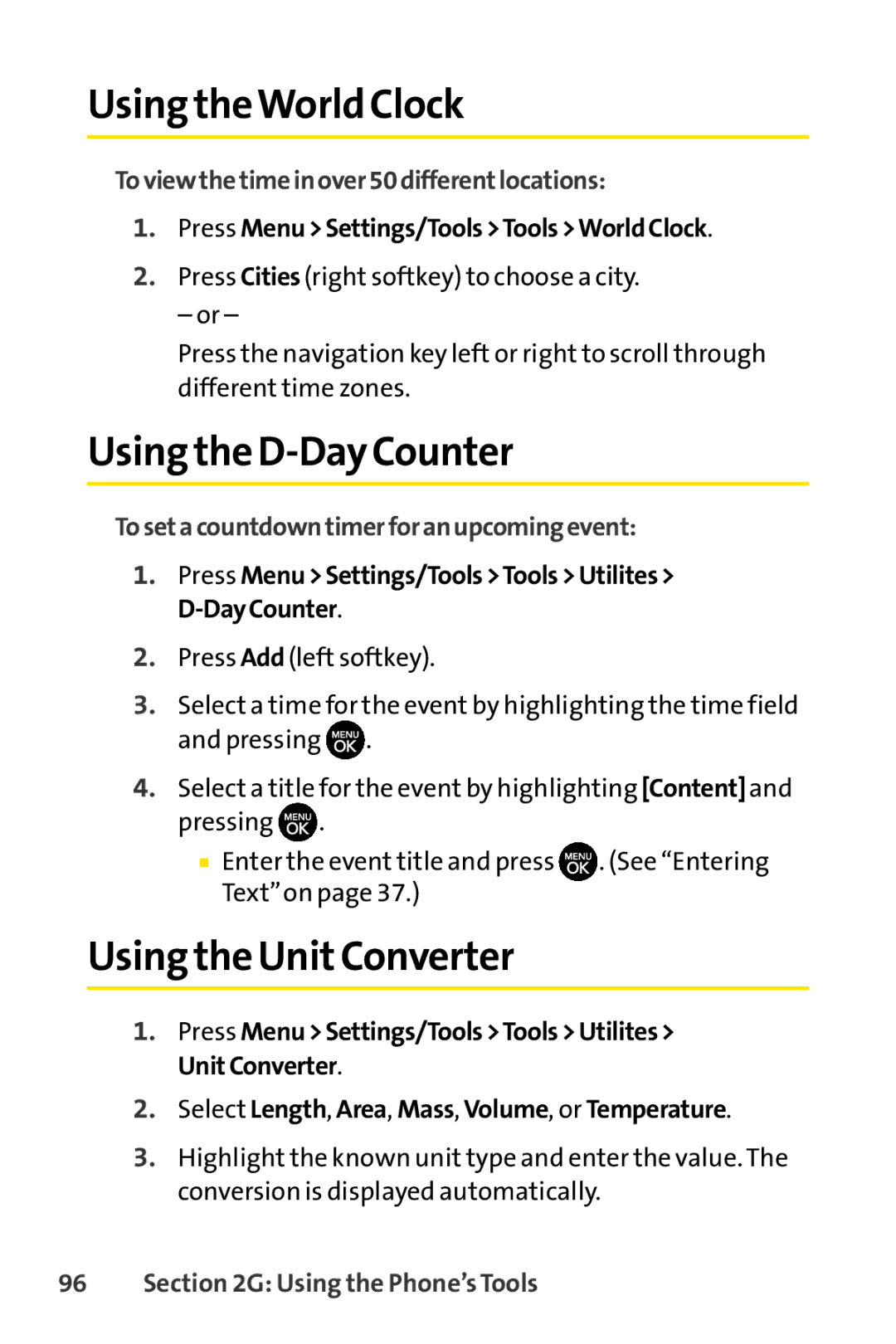 Sprint Nextel H 11/07 manual Using theWorld Clock, Using the D-Day Counter, Using the Unit Converter 