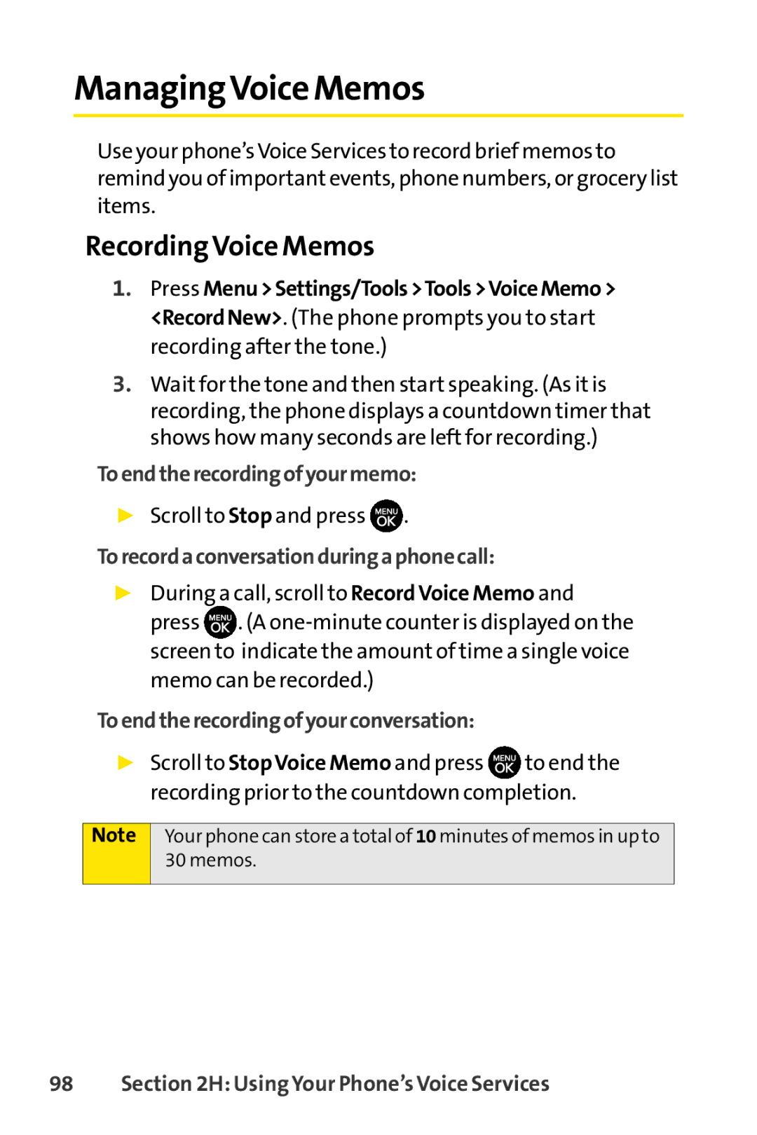 Sprint Nextel H 11/07 manual ManagingVoice Memos, Recording Voice Memos 