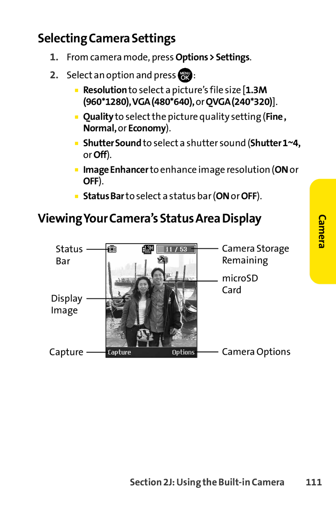 Sprint Nextel H 11/07 manual Selecting Camera Settings, ViewingYour Camera’s Status Area Display, 111 