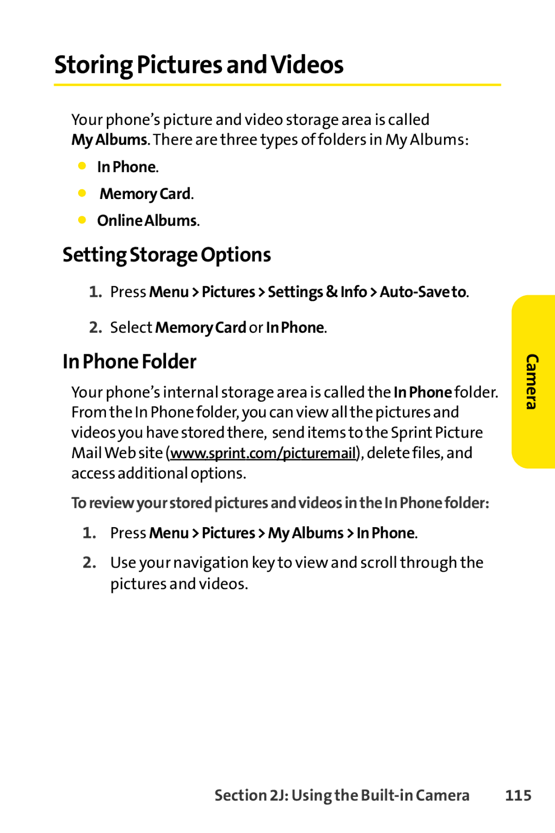 Sprint Nextel H 11/07 manual Storing Pictures andVideos, Setting Storage Options, Phone Folder, 115 