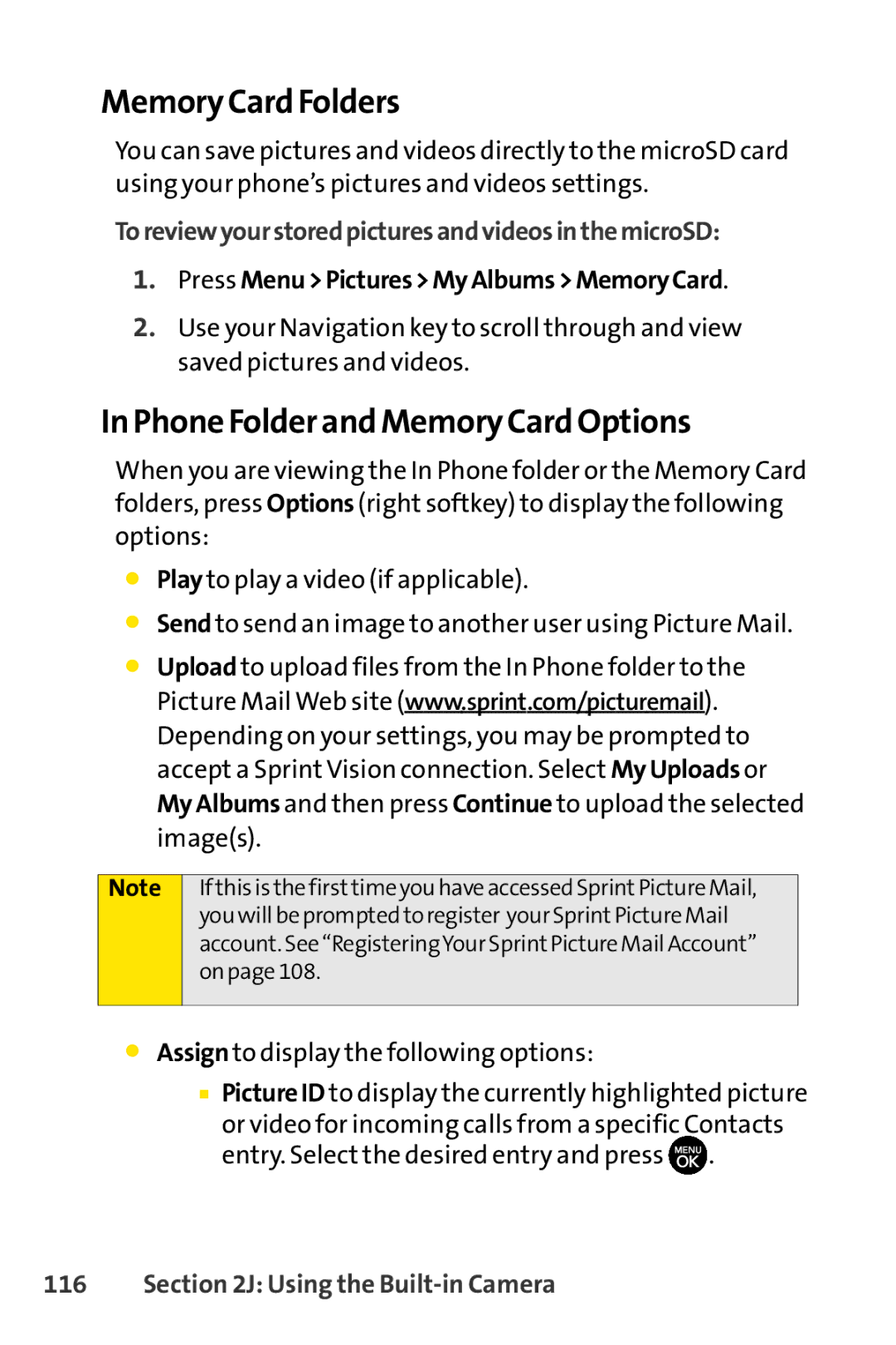 Sprint Nextel H 11/07 Memory Card Folders, Phone Folder and Memory Card Options, Press MenuPicturesMyAlbumsMemoryCard 