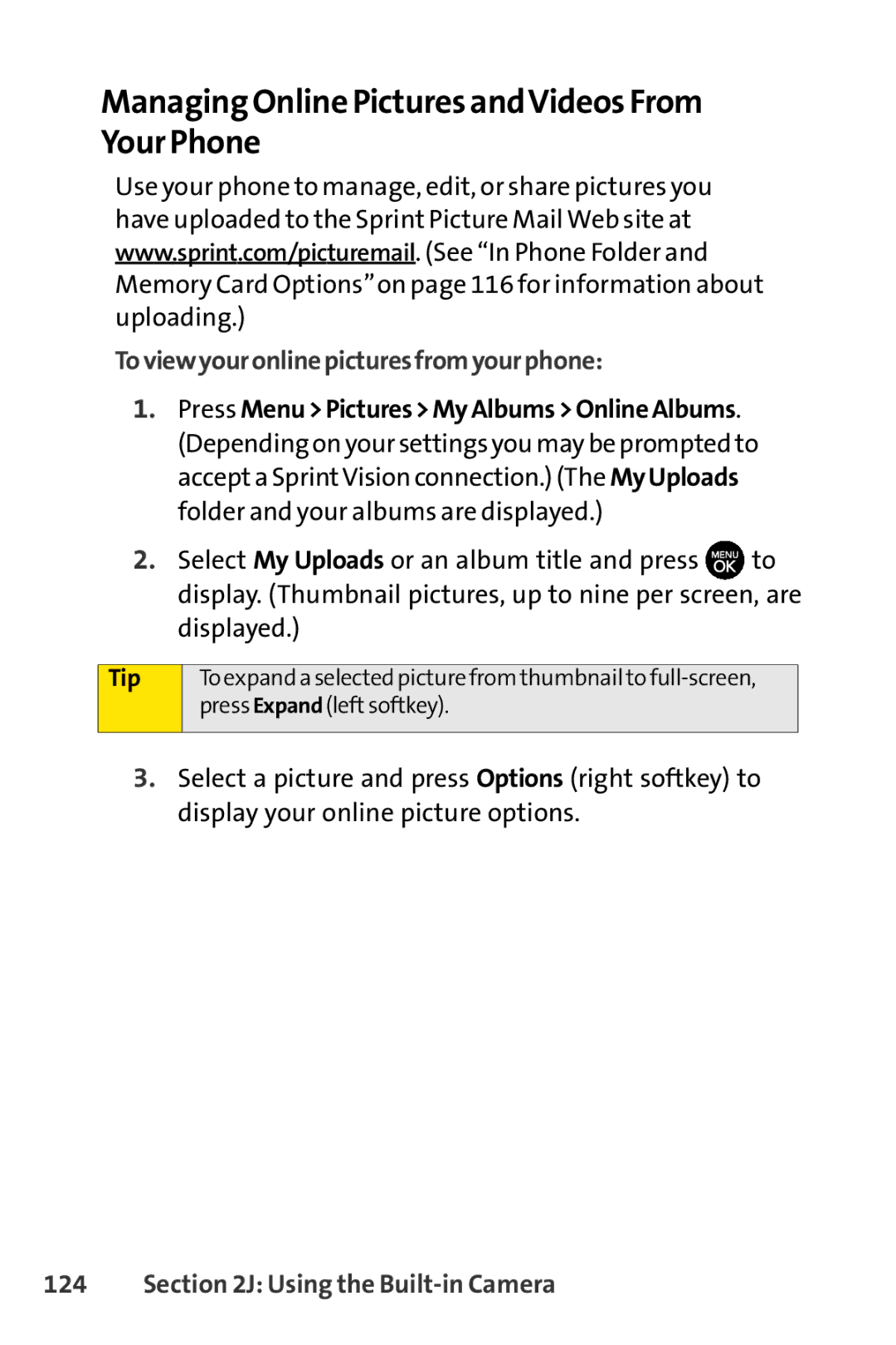 Sprint Nextel H 11/07 manual Managing Online Pictures andVideos From Your Phone, Toviewyouronlinepicturesfromyourphone 
