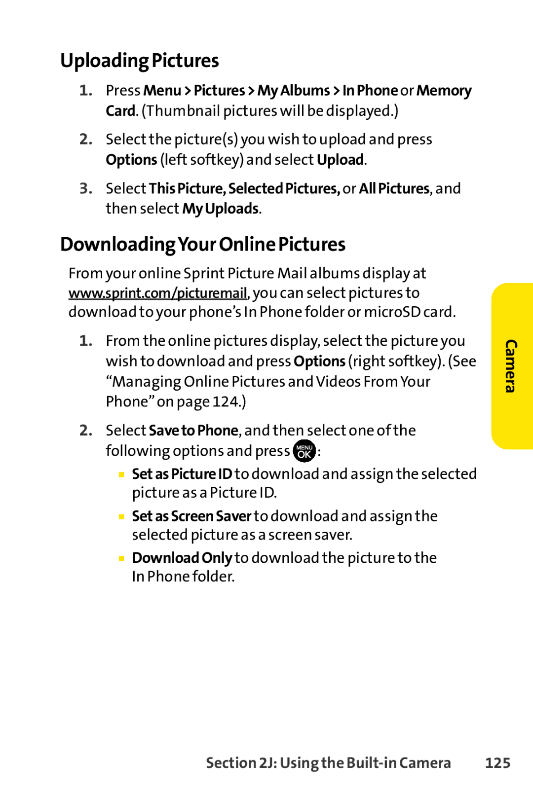 Sprint Nextel H 11/07 manual Uploading Pictures, DownloadingYour Online Pictures, 125 