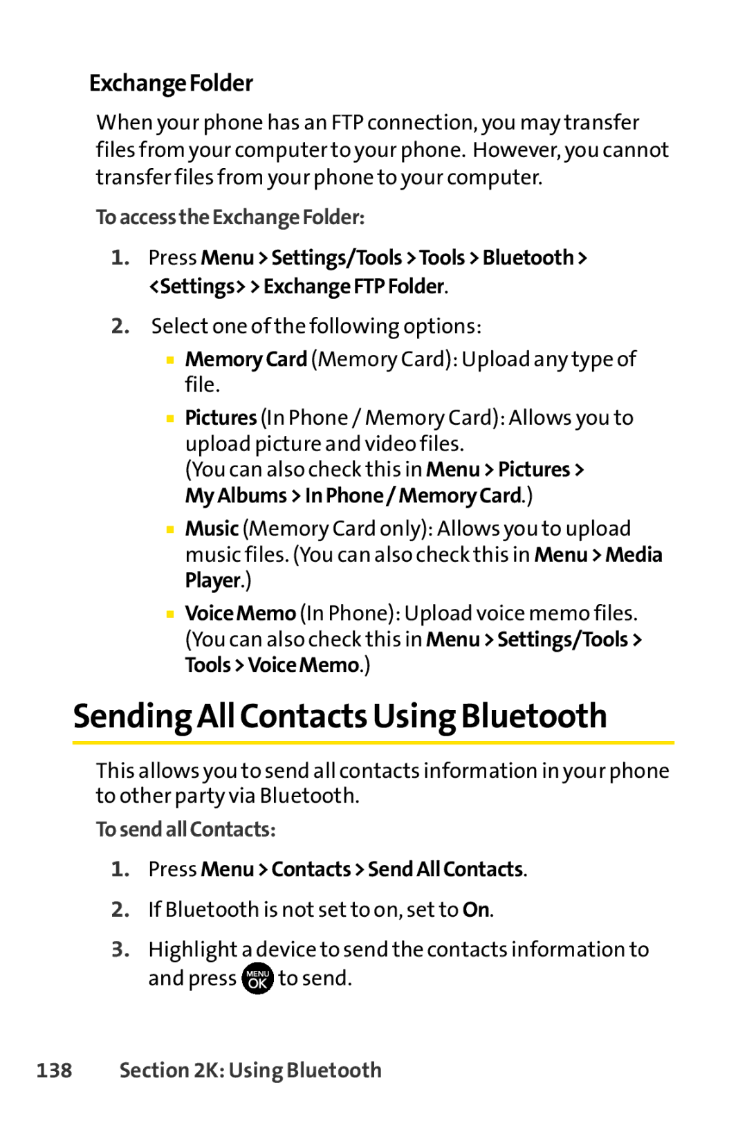 Sprint Nextel H 11/07 manual Sending All Contacts Using Bluetooth, ToaccesstheExchangeFolder, TosendallContacts 