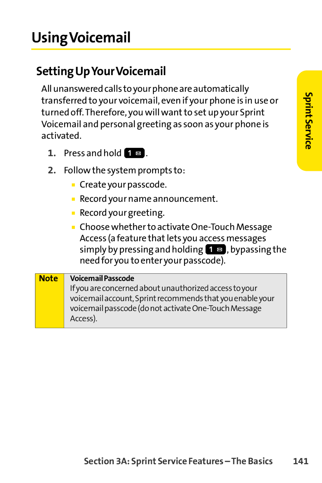 Sprint Nextel H 11/07 manual UsingVoicemail, Setting UpYourVoicemail, 141 