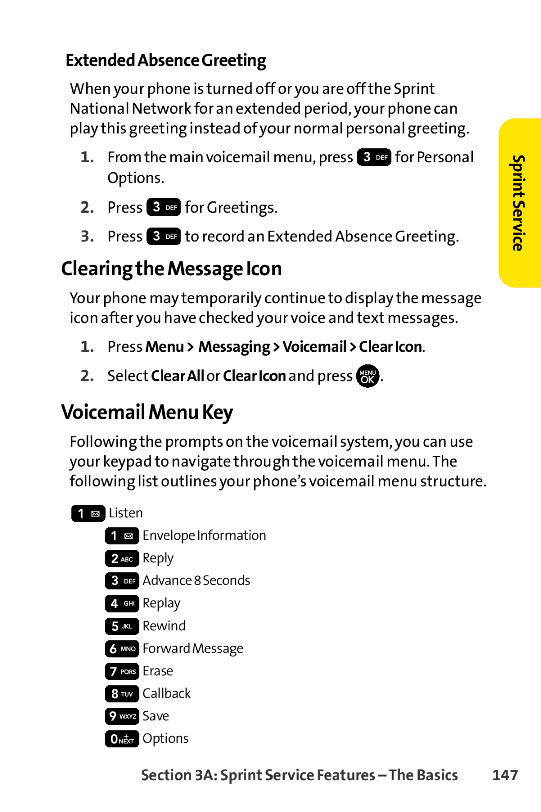 Sprint Nextel H 11/07 manual Clearing the Message Icon, Voicemail Menu Key, ExtendedAbsenceGreeting, 147 