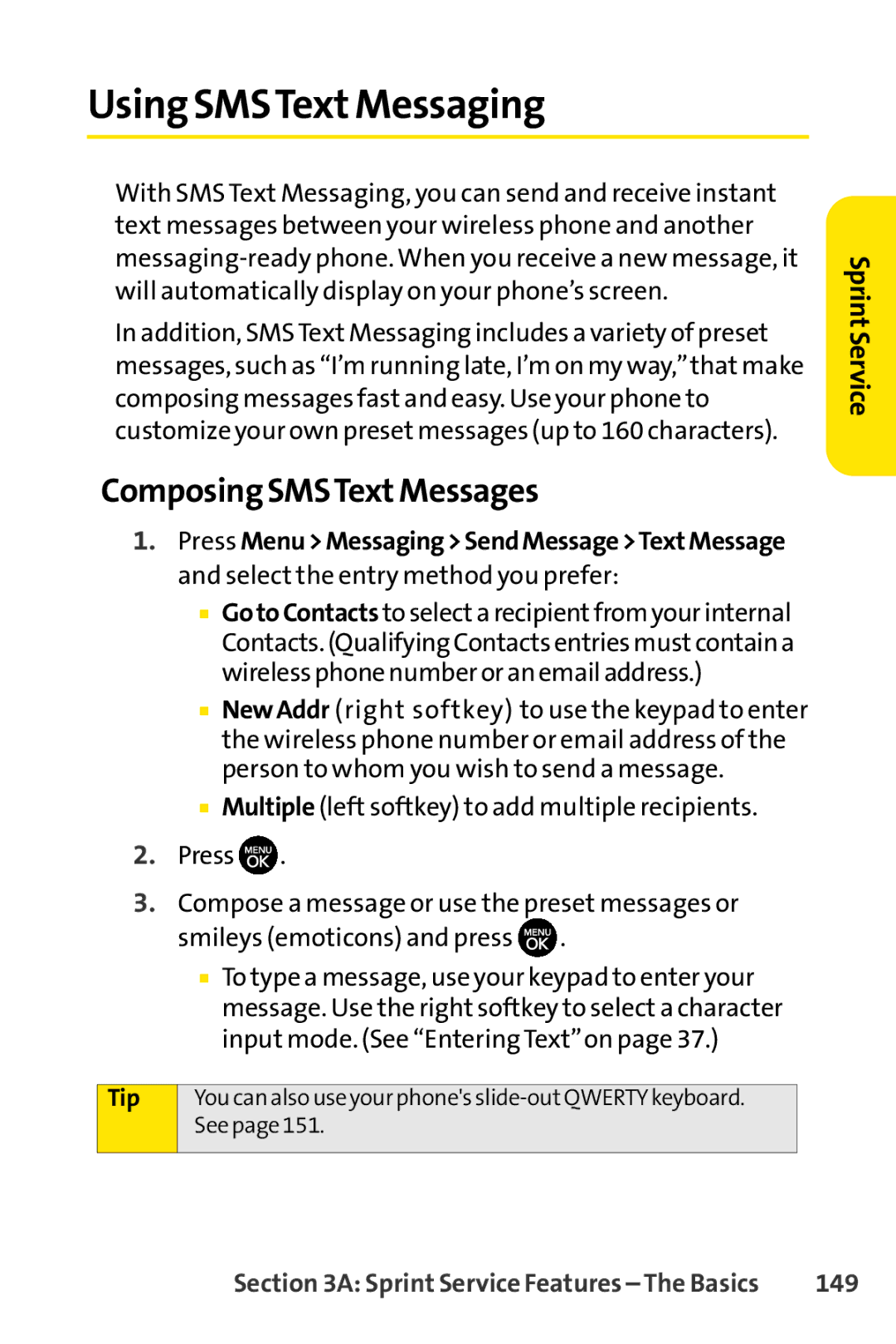 Sprint Nextel H 11/07 manual Using SMSTextMessaging, ComposingSMSTextMessages, 149 