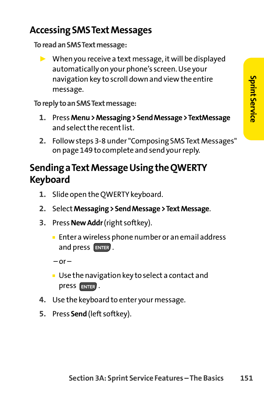 Sprint Nextel H 11/07 AccessingSMSTextMessages, SendingaTextMessage Using the Qwerty Keyboard, ToreadanSMSTextmessage, 151 