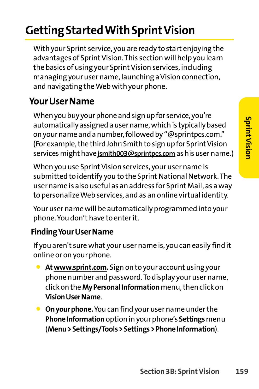 Sprint Nextel H 11/07 manual Getting StartedWith SprintVision, Your User Name, FindingYourUserName, 159 