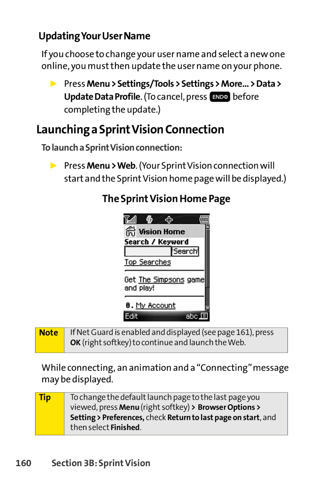 Sprint Nextel H 11/07 manual Launching a SprintVision Connection, UpdatingYourUserName, SprintVision Home 