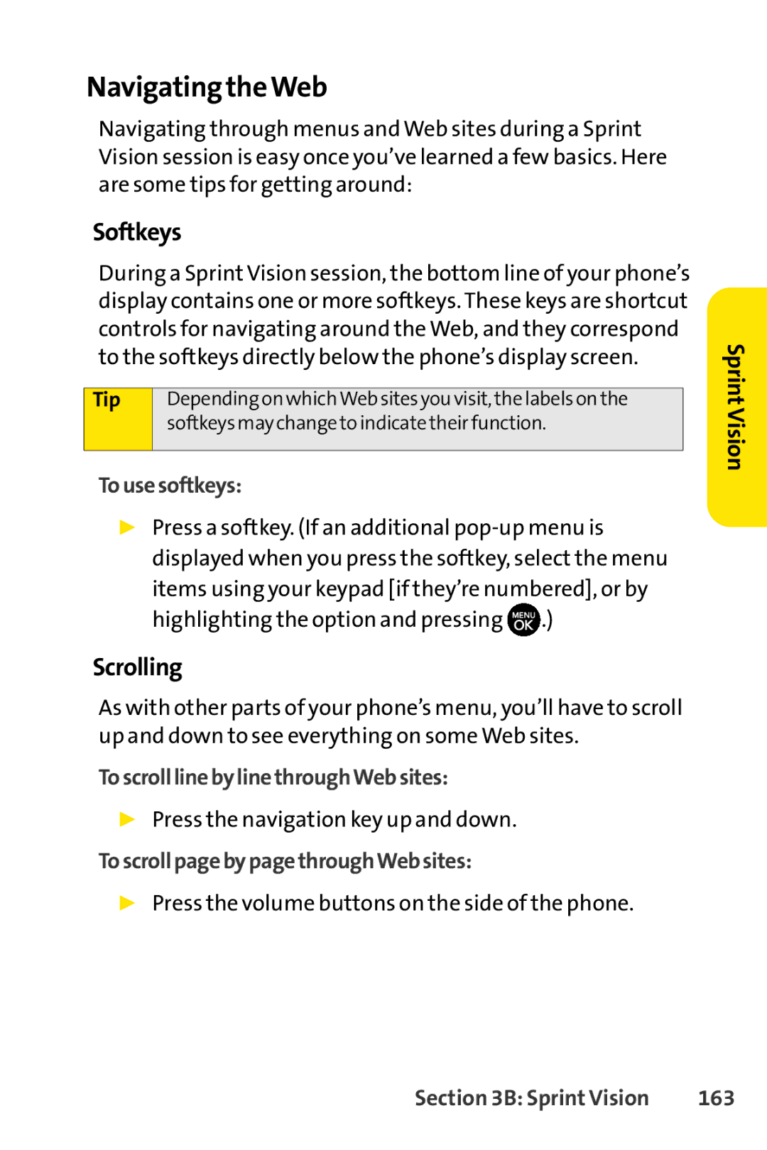 Sprint Nextel H 11/07 manual Navigating theWeb, Softkeys, Scrolling 