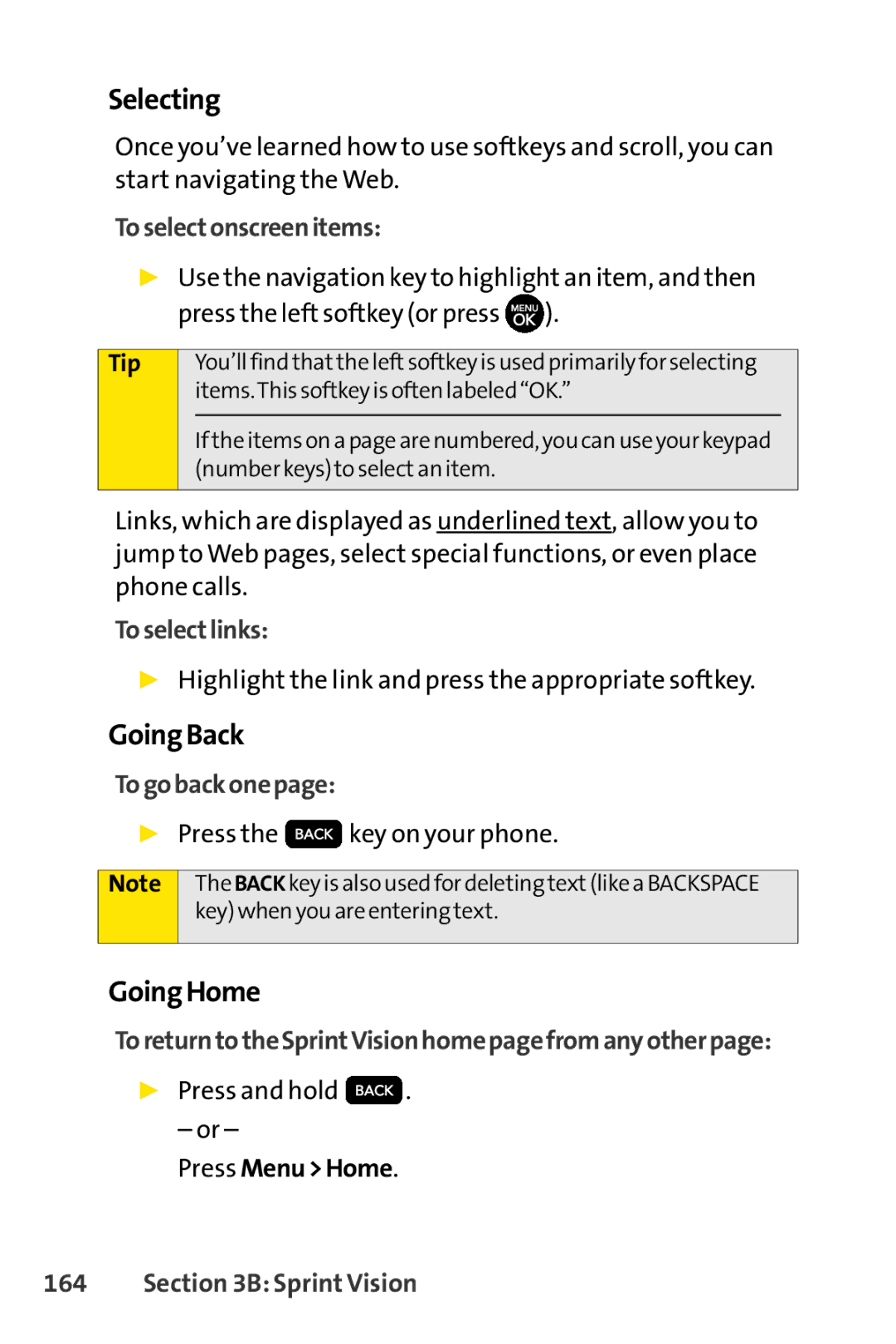 Sprint Nextel H 11/07 manual Selecting, GoingBack, GoingHome 