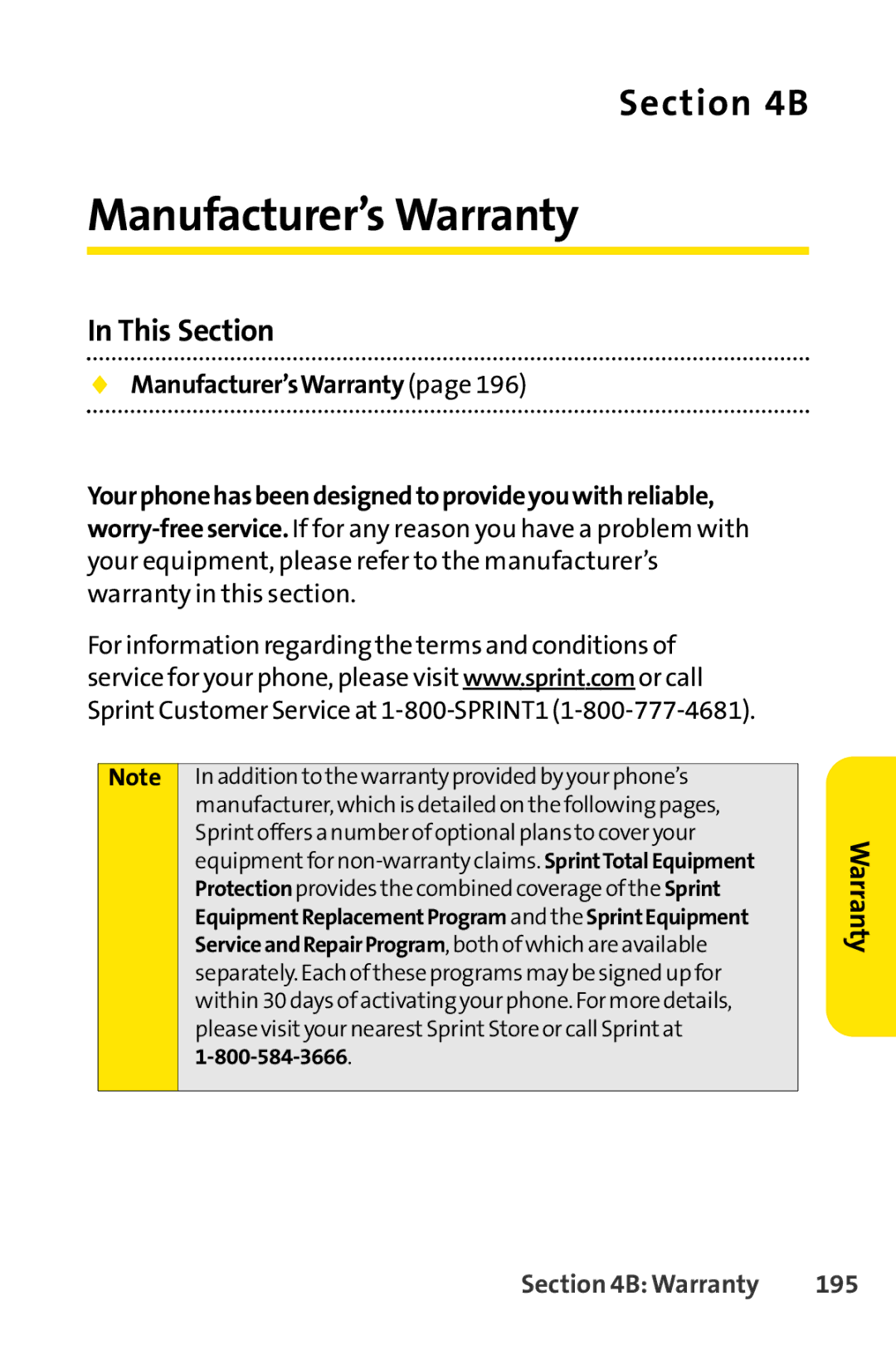 Sprint Nextel H 11/07 manual Manufacturer’s Warranty, Manufacturer’sWarranty, Warranty 195 