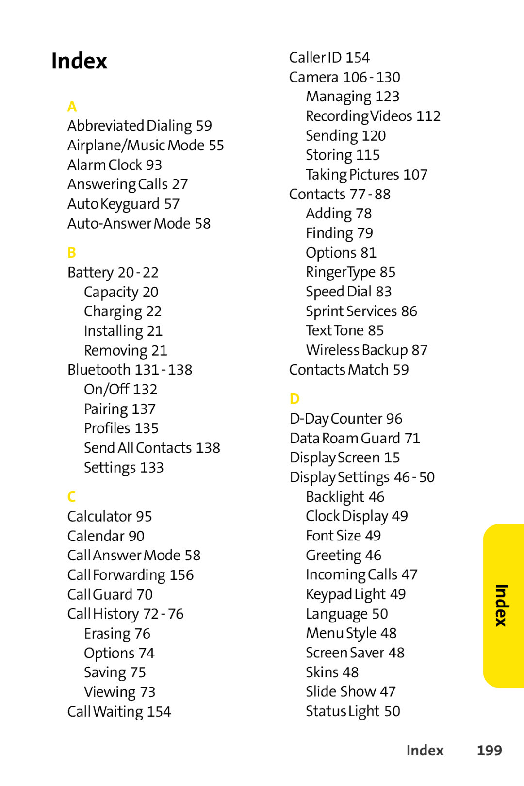 Sprint Nextel H 11/07 manual Index, 199 