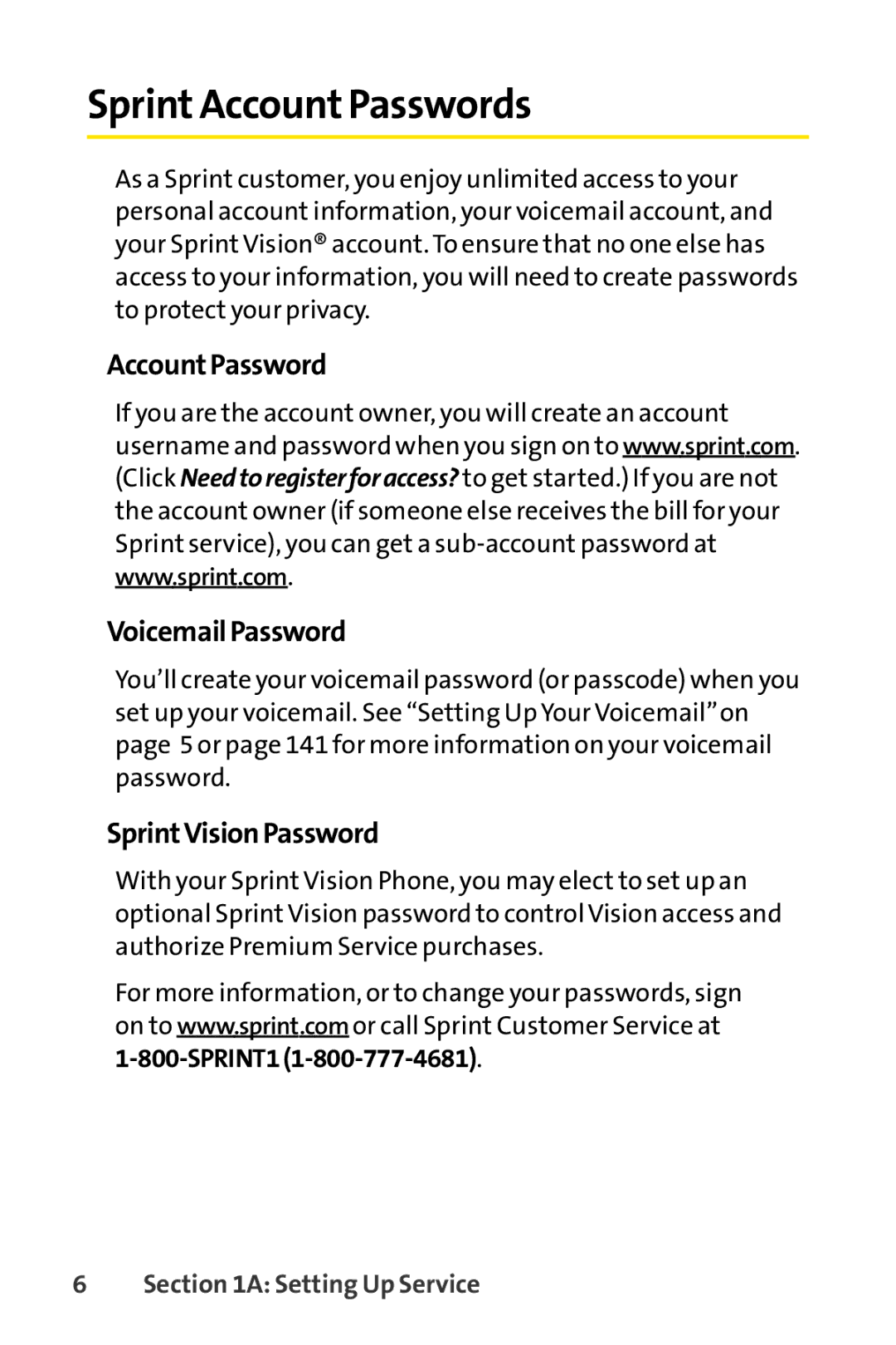 Sprint Nextel H 11/07 manual Sprint Account Passwords, Account Password VoicemailPassword, SprintVisionPassword 