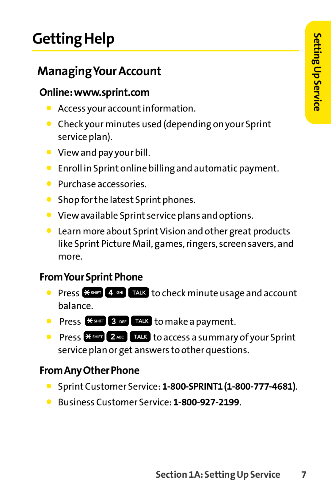 Sprint Nextel H 11/07 manual Getting Help, ManagingYour Account, FromYourSprintPhone, FromAnyOtherPhone 