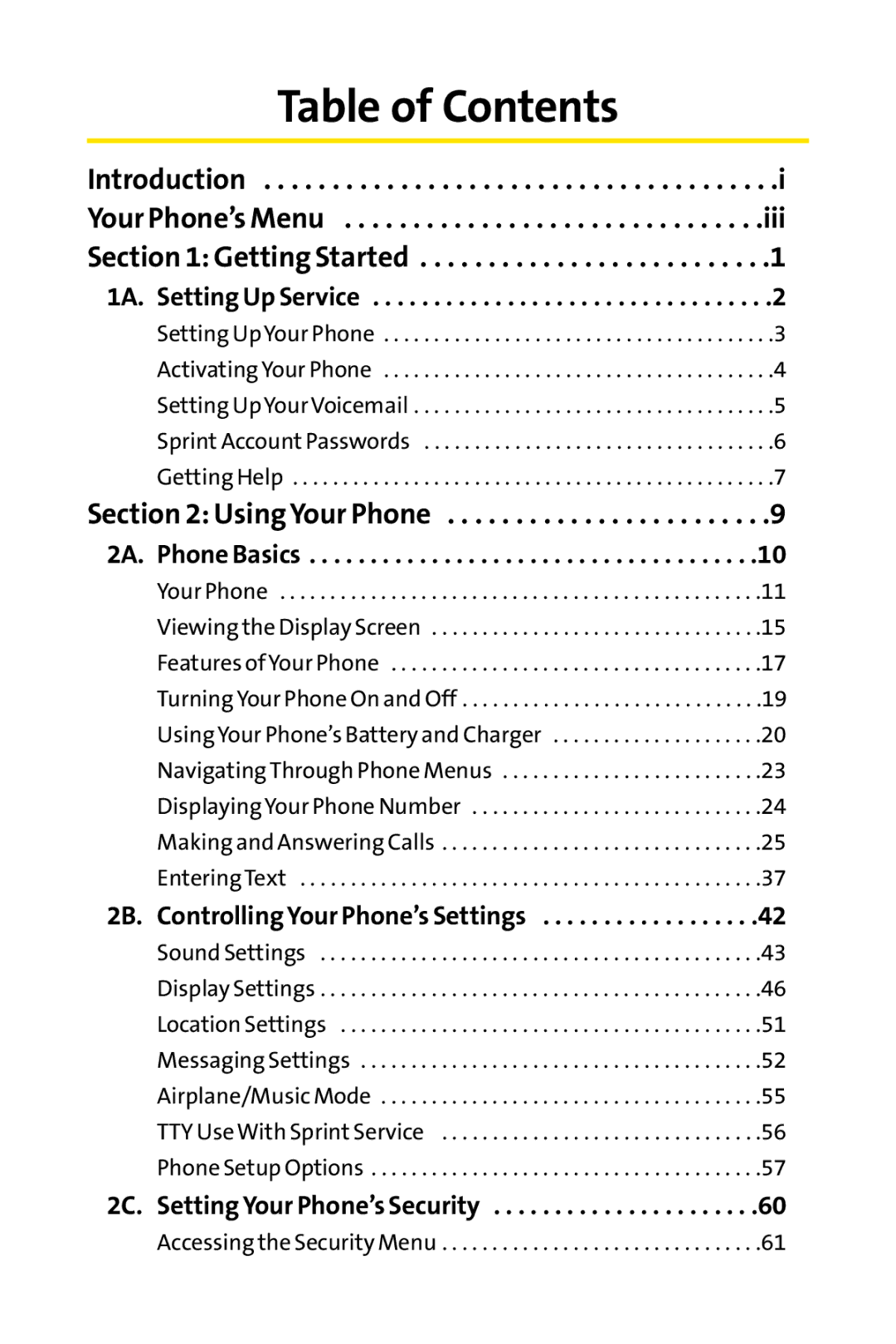 Sprint Nextel H 11/07 manual Table of Contents 