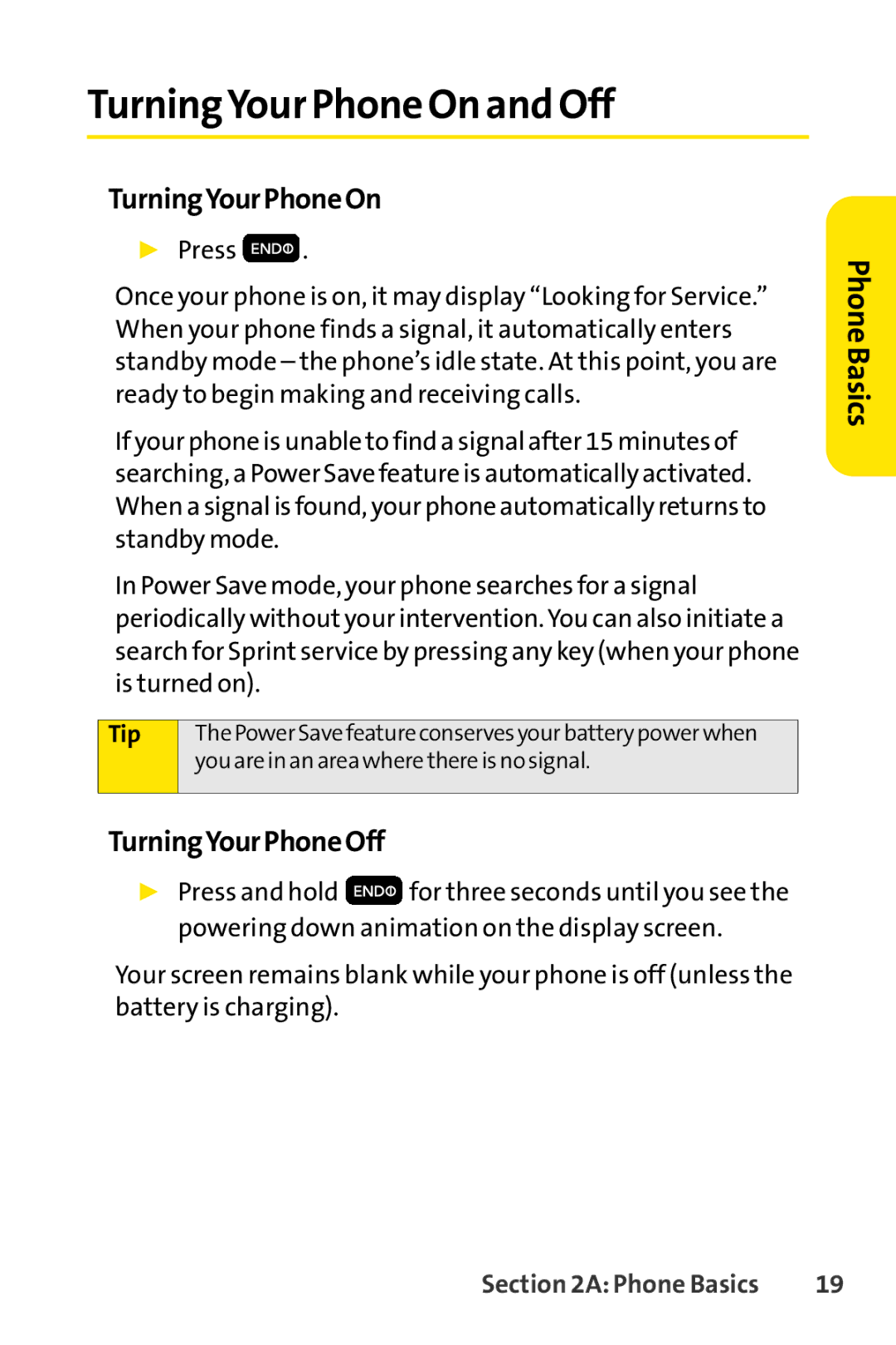 Sprint Nextel H 11/07 manual TurningYour Phone On and Off, TurningYourPhoneOn, TurningYourPhoneOff 