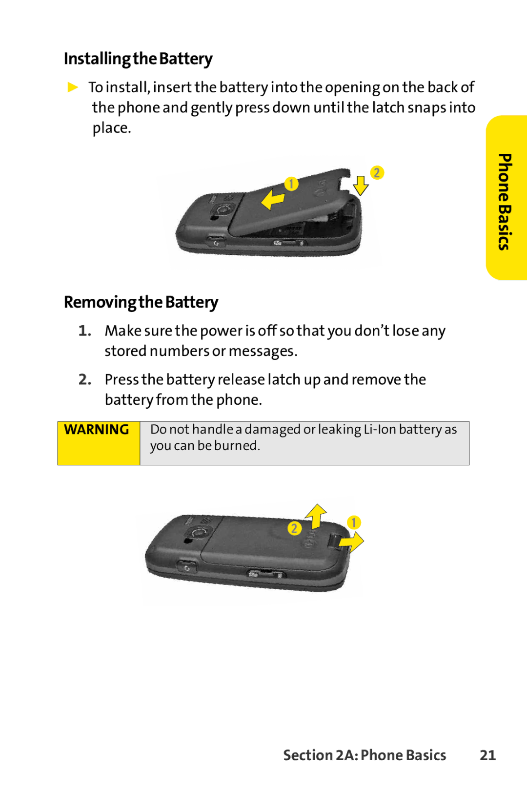 Sprint Nextel H 11/07 manual InstallingtheBattery, PhoneBasics RemovingtheBattery 