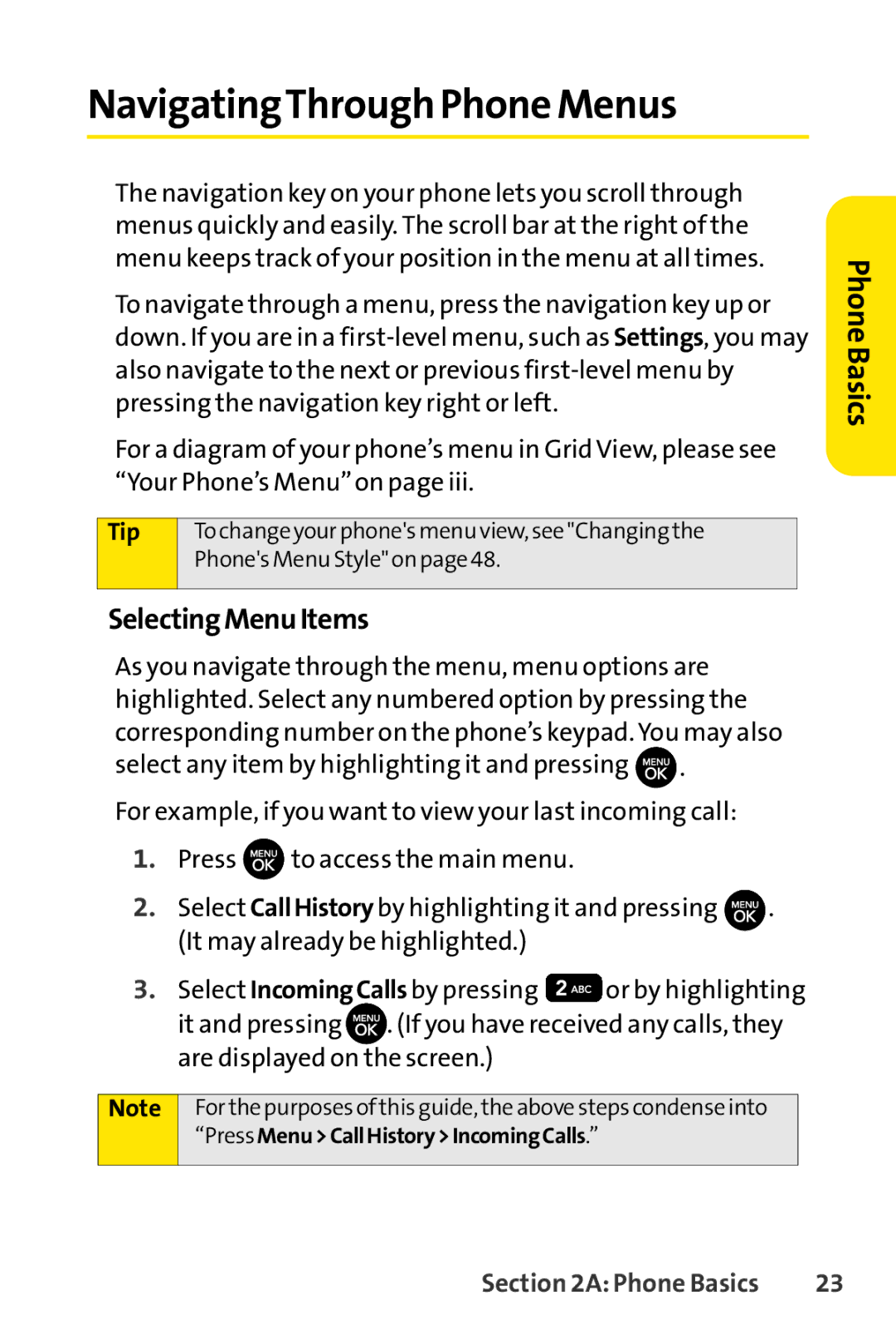 Sprint Nextel H 11/07 manual NavigatingThrough Phone Menus, SelectingMenuItems 