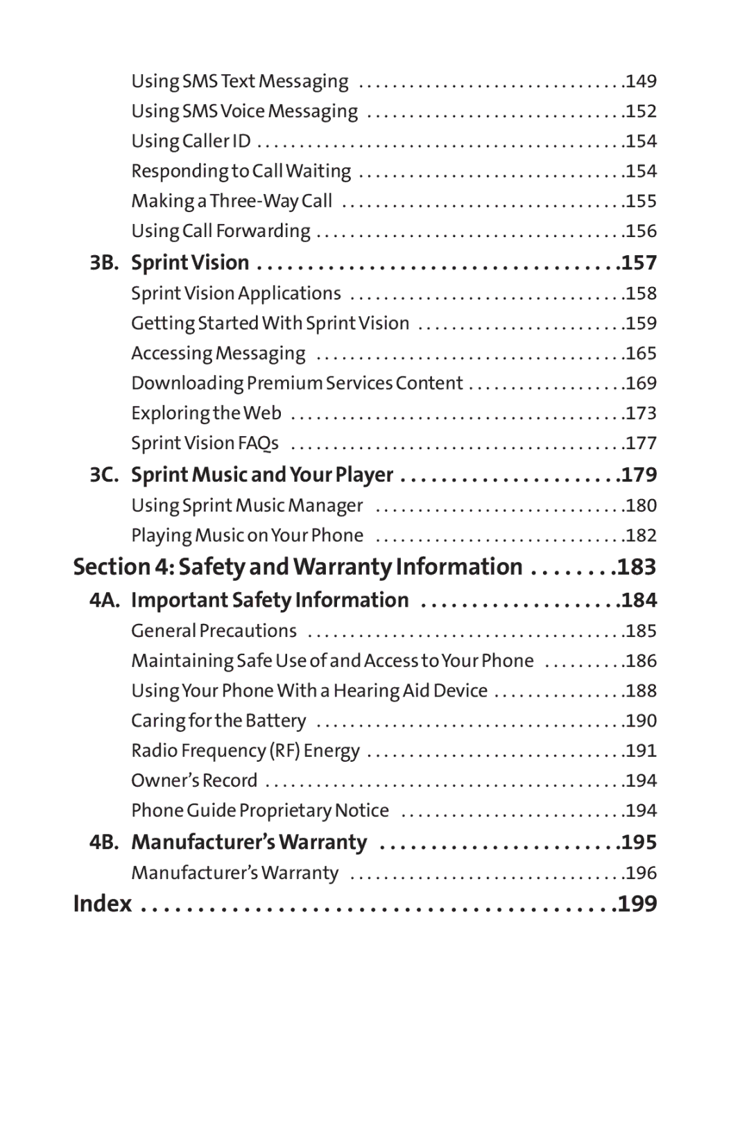 Sprint Nextel H 11/07 manual 3B. SprintVision, 3C. Sprint Music and Your Player, 4A. Important Safety Information 