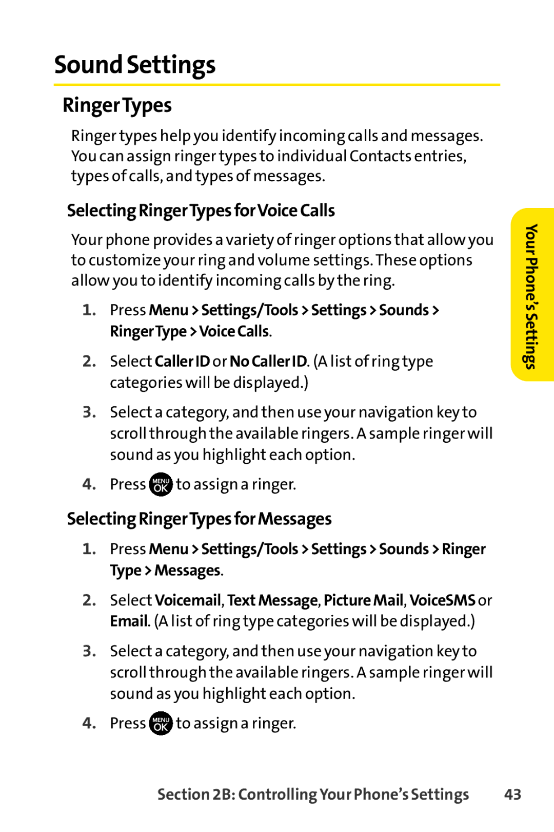 Sprint Nextel H 11/07 manual Sound Settings, SelectingRingerTypesforVoiceCalls, SelectingRingerTypesforMessages 